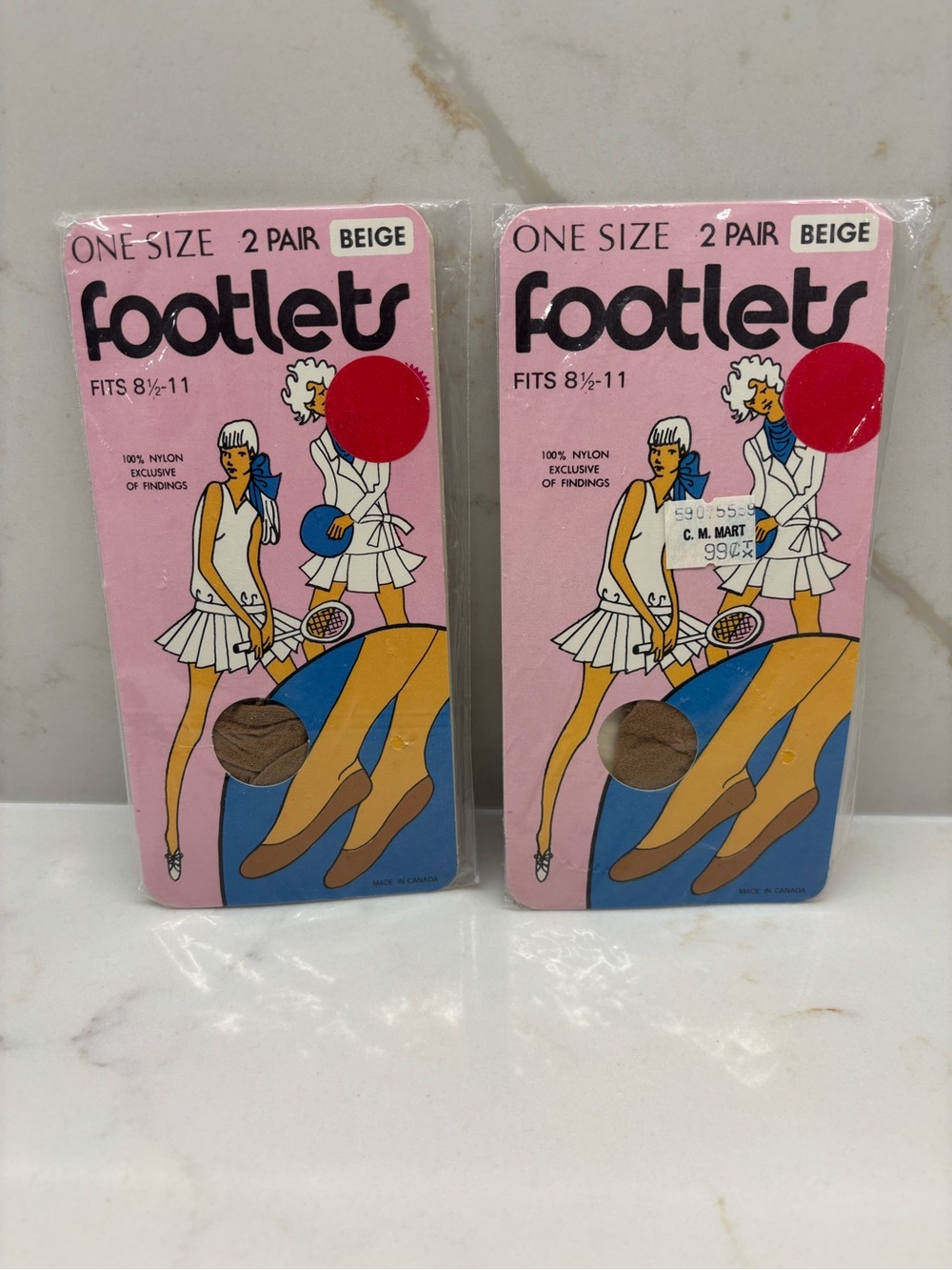 2 New Old Stock Footlets Beige One Size 81/2-11 2 Pair Pack 100% Nylon Sockettes